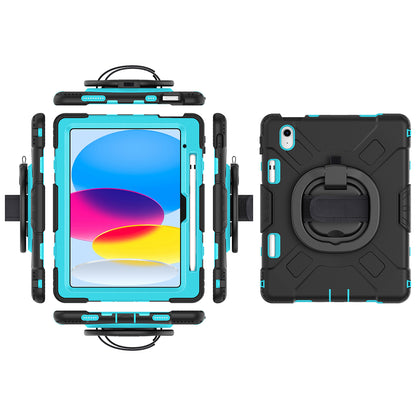 For iPad 10.9 (2022) PC+Silicone Tablet Case Shockproof Rugged Kickstand Cover with Shoulder Strap / Pencil Holder