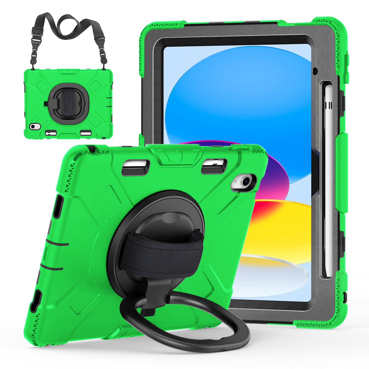 For iPad 10.9 (2022) PC+Silicone Tablet Case Shockproof Rugged Kickstand Cover with Shoulder Strap / Pencil Holder