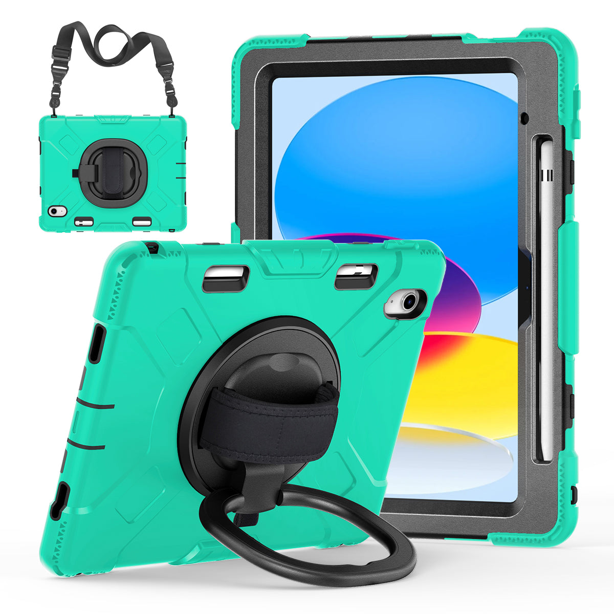 For iPad 10.9 (2022) PC+Silicone Tablet Case Shockproof Rugged Kickstand Cover with Shoulder Strap / Pencil Holder