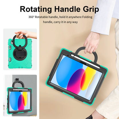 For iPad 10.9 (2022) PC+Silicone Tablet Case Shockproof Rugged Kickstand Cover with Shoulder Strap / Pencil Holder