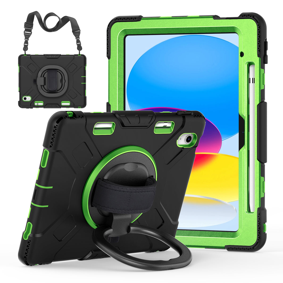 For iPad 10.9 (2022) PC+Silicone Tablet Case Shockproof Rugged Kickstand Cover with Shoulder Strap / Pencil Holder
