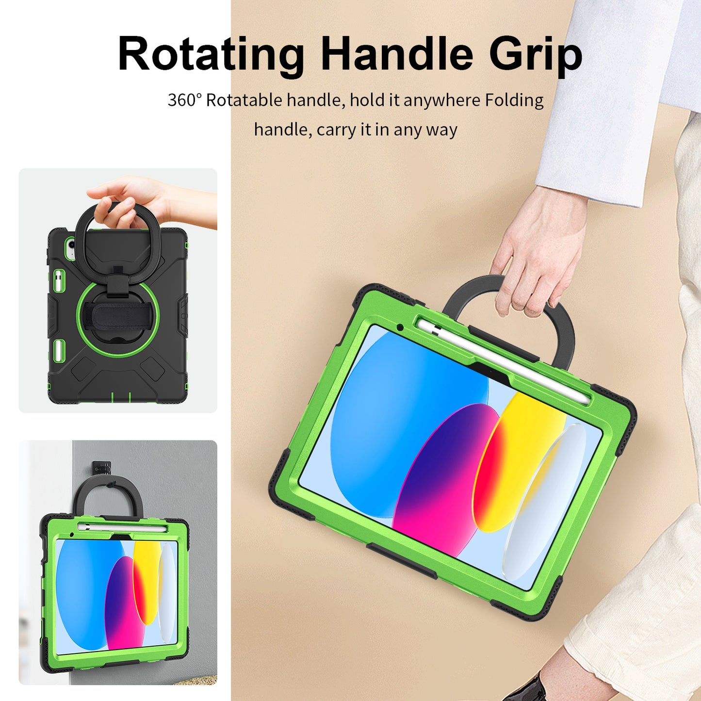 For iPad 10.9 (2022) PC+Silicone Tablet Case Shockproof Rugged Kickstand Cover with Shoulder Strap / Pencil Holder