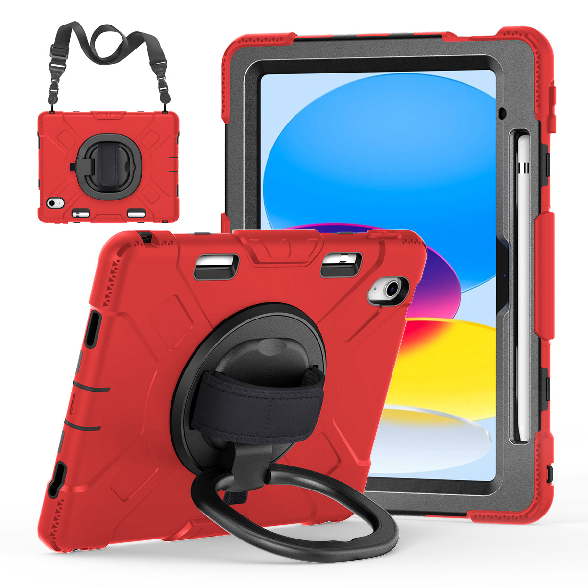 For iPad 10.9 (2022) PC+Silicone Tablet Case Shockproof Rugged Kickstand Cover with Shoulder Strap / Pencil Holder