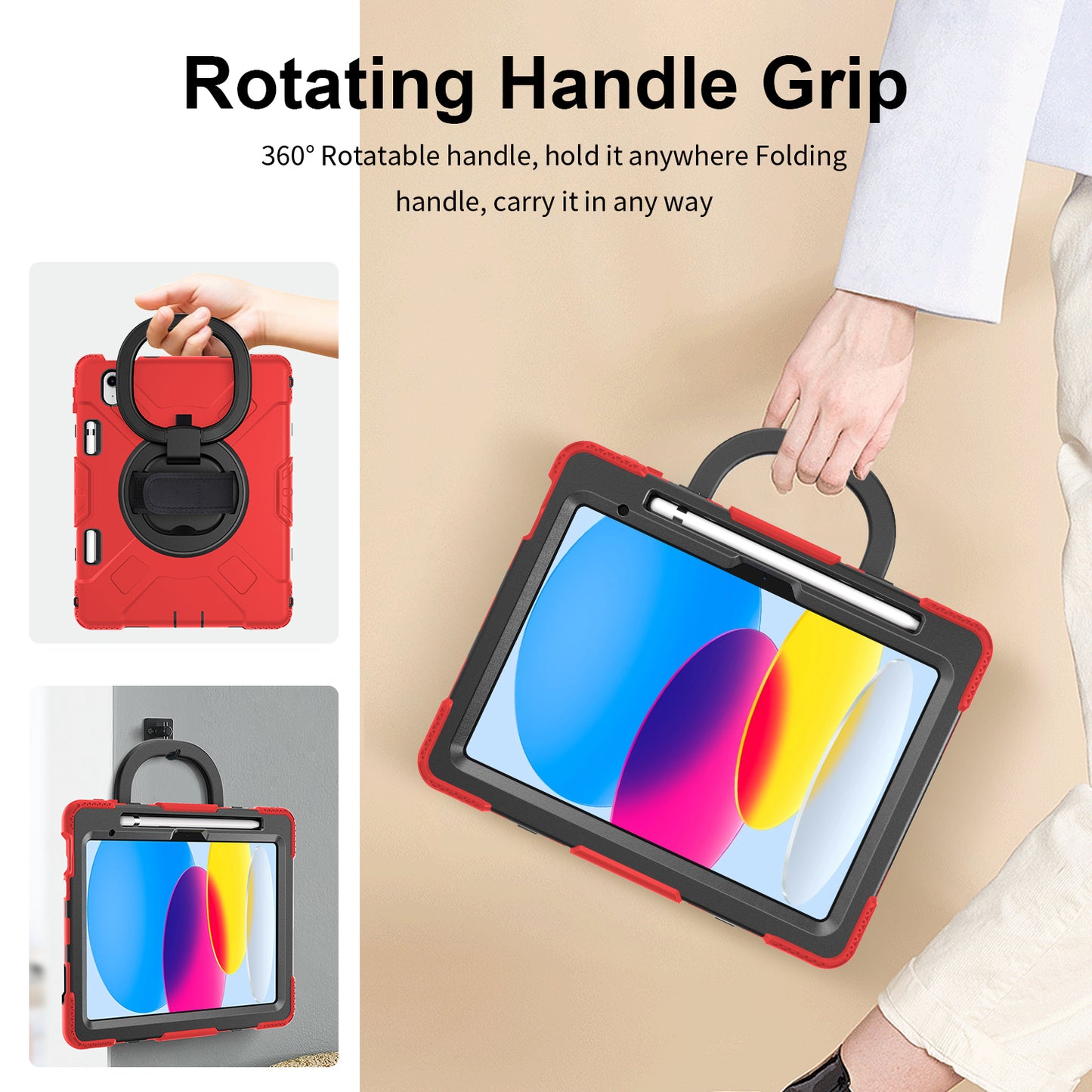For iPad 10.9 (2022) PC+Silicone Tablet Case Shockproof Rugged Kickstand Cover with Shoulder Strap / Pencil Holder