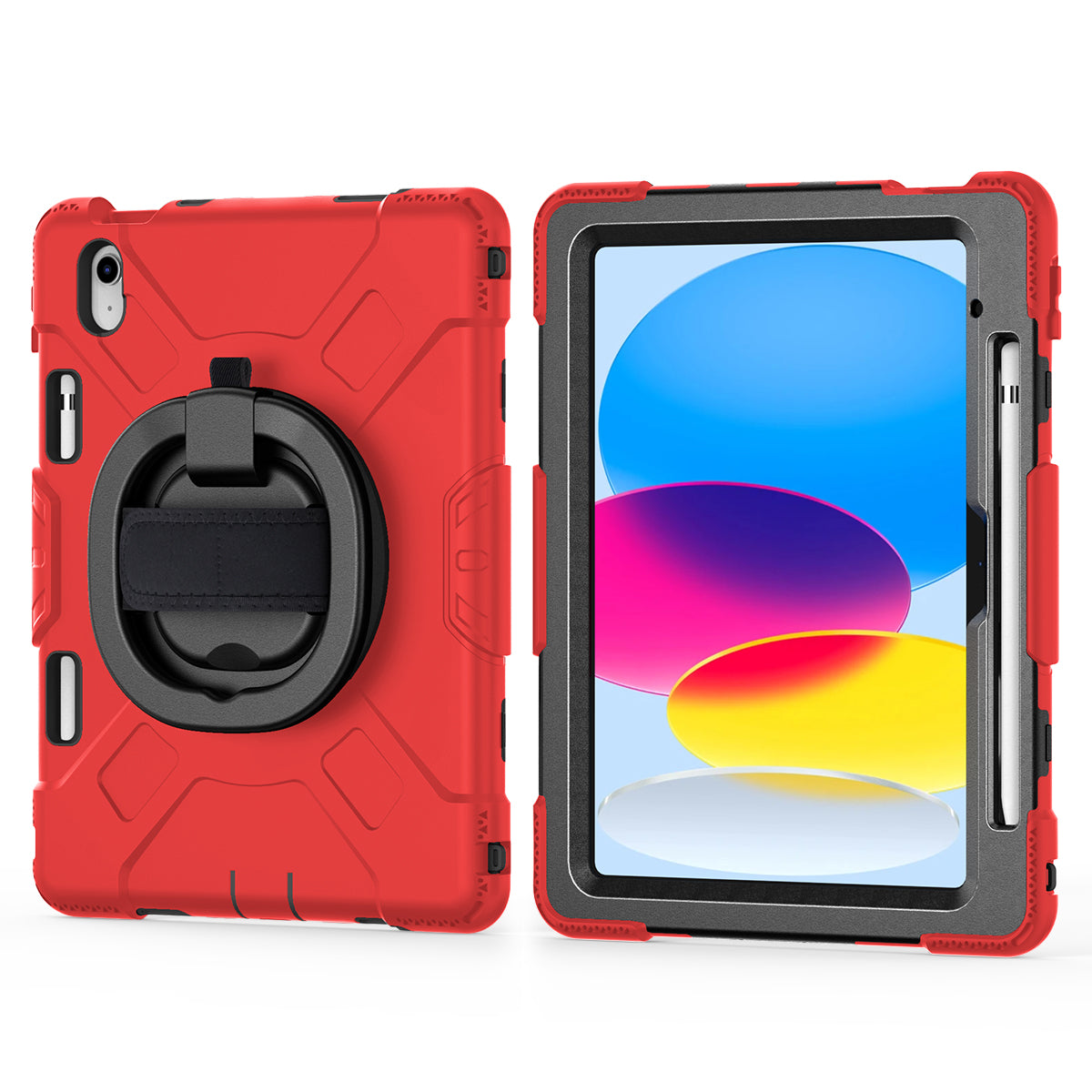 For iPad 10.9 (2022) PC+Silicone Tablet Case Shockproof Rugged Kickstand Cover with Shoulder Strap / Pencil Holder