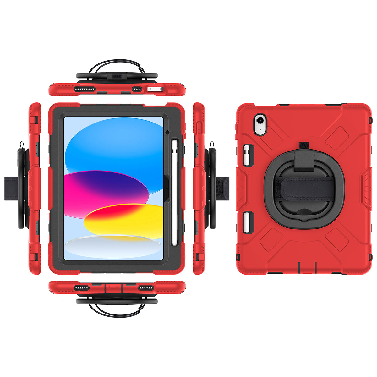 For iPad 10.9 (2022) PC+Silicone Tablet Case Shockproof Rugged Kickstand Cover with Shoulder Strap / Pencil Holder