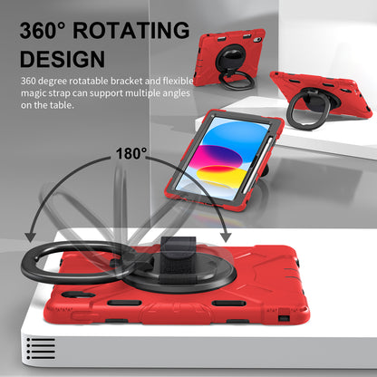 For iPad 10.9 (2022) PC+Silicone Tablet Case Shockproof Rugged Kickstand Cover with Shoulder Strap / Pencil Holder