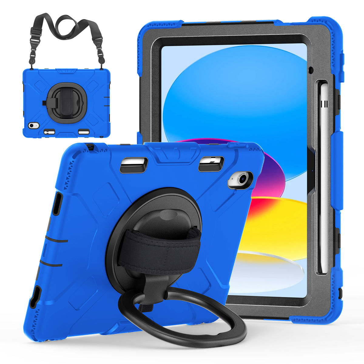 For iPad 10.9 (2022) PC+Silicone Tablet Case Shockproof Rugged Kickstand Cover with Shoulder Strap / Pencil Holder