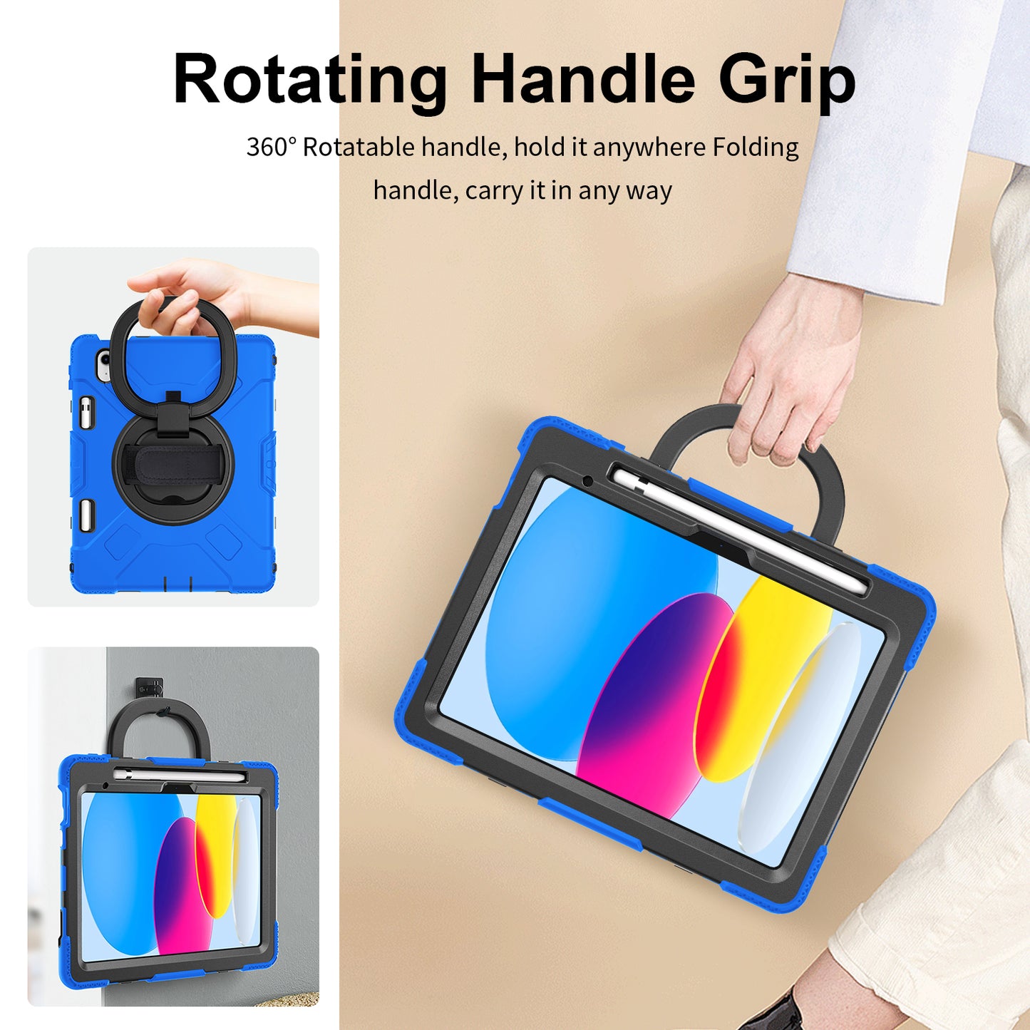For iPad 10.9 (2022) PC+Silicone Tablet Case Shockproof Rugged Kickstand Cover with Shoulder Strap / Pencil Holder