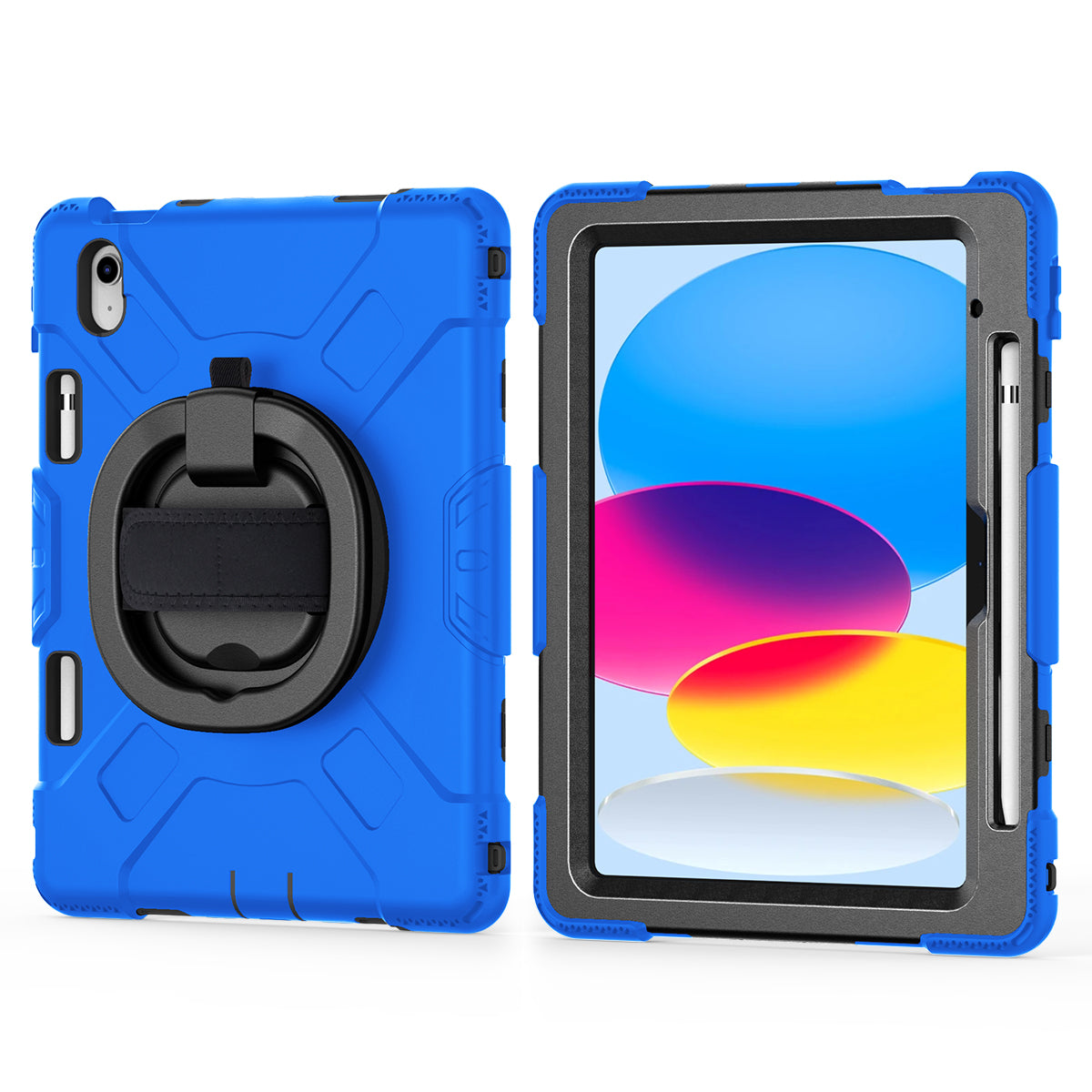 For iPad 10.9 (2022) PC+Silicone Tablet Case Shockproof Rugged Kickstand Cover with Shoulder Strap / Pencil Holder