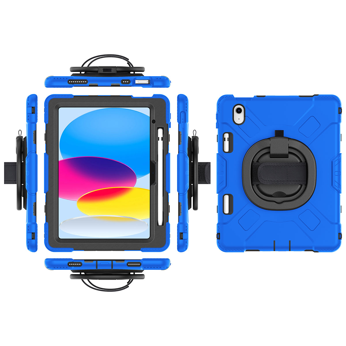 For iPad 10.9 (2022) PC+Silicone Tablet Case Shockproof Rugged Kickstand Cover with Shoulder Strap / Pencil Holder