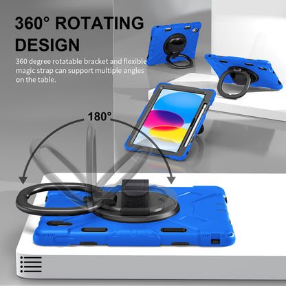 For iPad 10.9 (2022) PC+Silicone Tablet Case Shockproof Rugged Kickstand Cover with Shoulder Strap / Pencil Holder