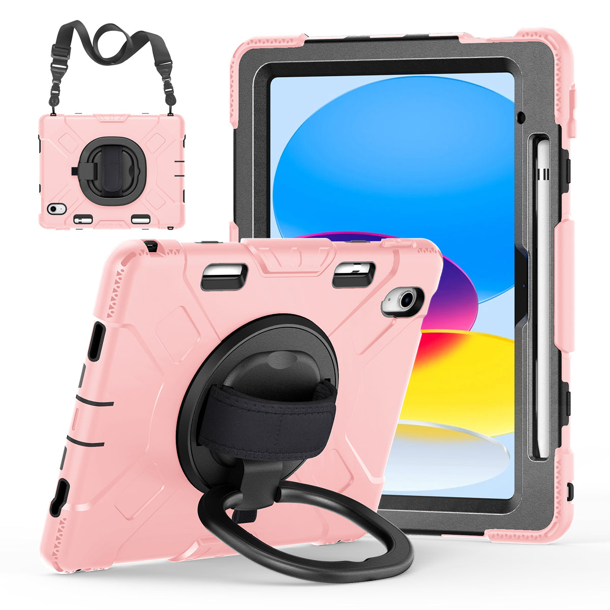 For iPad 10.9 (2022) PC+Silicone Tablet Case Shockproof Rugged Kickstand Cover with Shoulder Strap / Pencil Holder