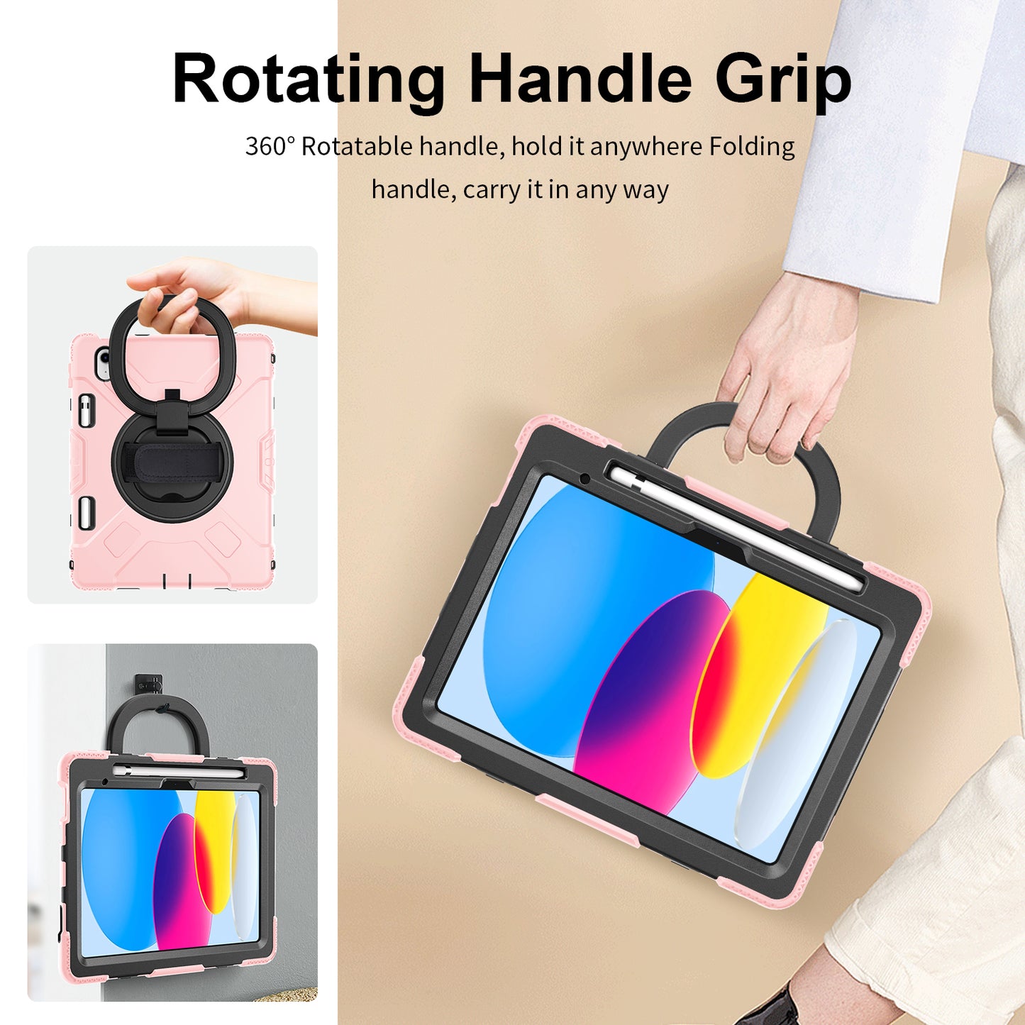 For iPad 10.9 (2022) PC+Silicone Tablet Case Shockproof Rugged Kickstand Cover with Shoulder Strap / Pencil Holder