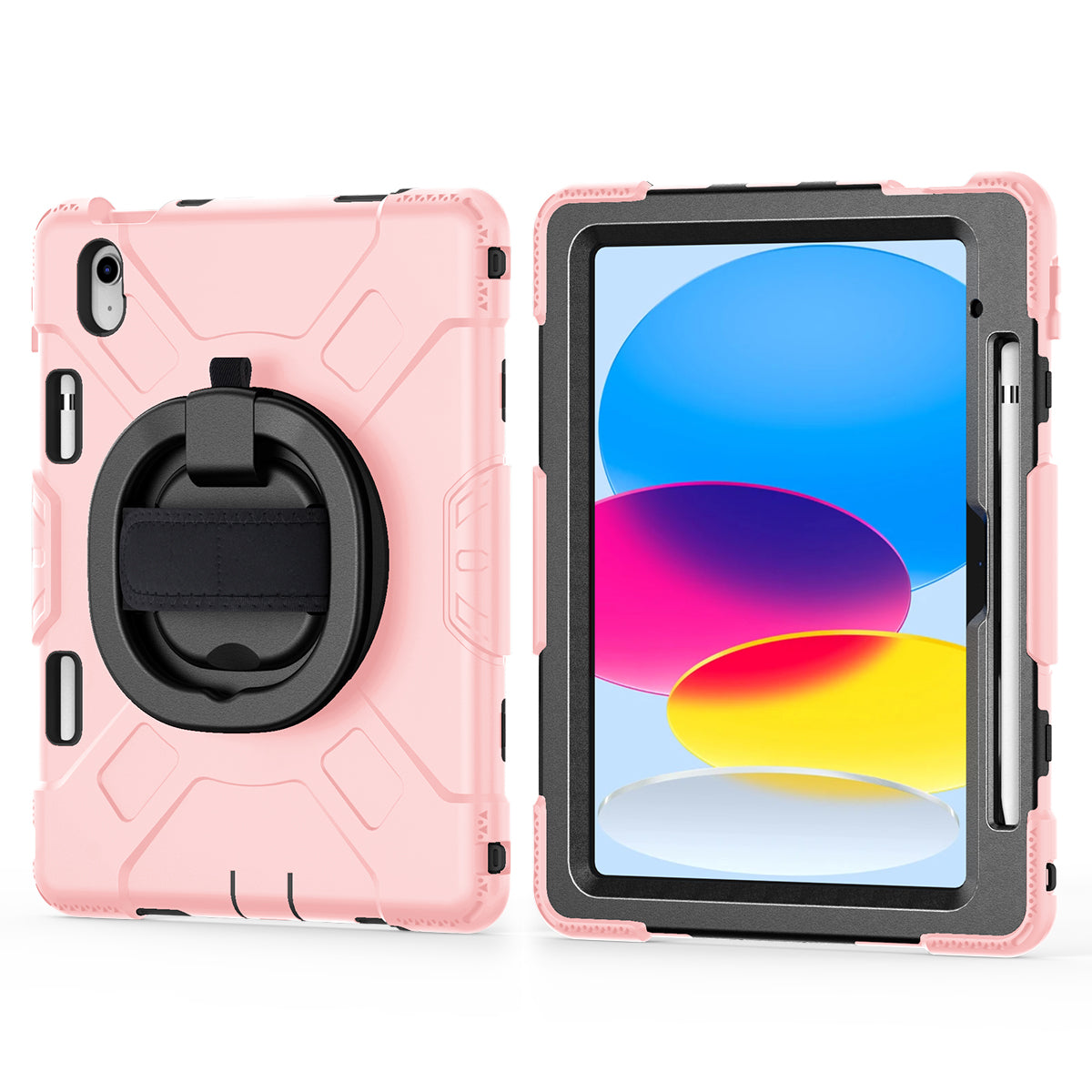 For iPad 10.9 (2022) PC+Silicone Tablet Case Shockproof Rugged Kickstand Cover with Shoulder Strap / Pencil Holder