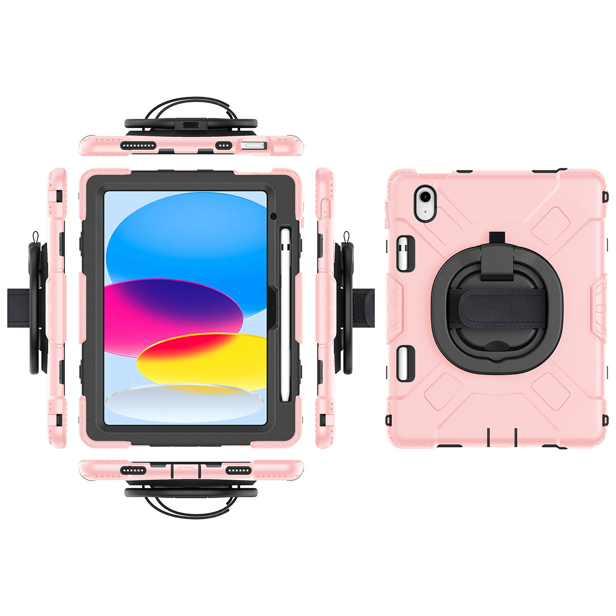 For iPad 10.9 (2022) PC+Silicone Tablet Case Shockproof Rugged Kickstand Cover with Shoulder Strap / Pencil Holder