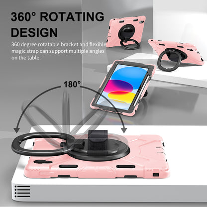 For iPad 10.9 (2022) PC+Silicone Tablet Case Shockproof Rugged Kickstand Cover with Shoulder Strap / Pencil Holder