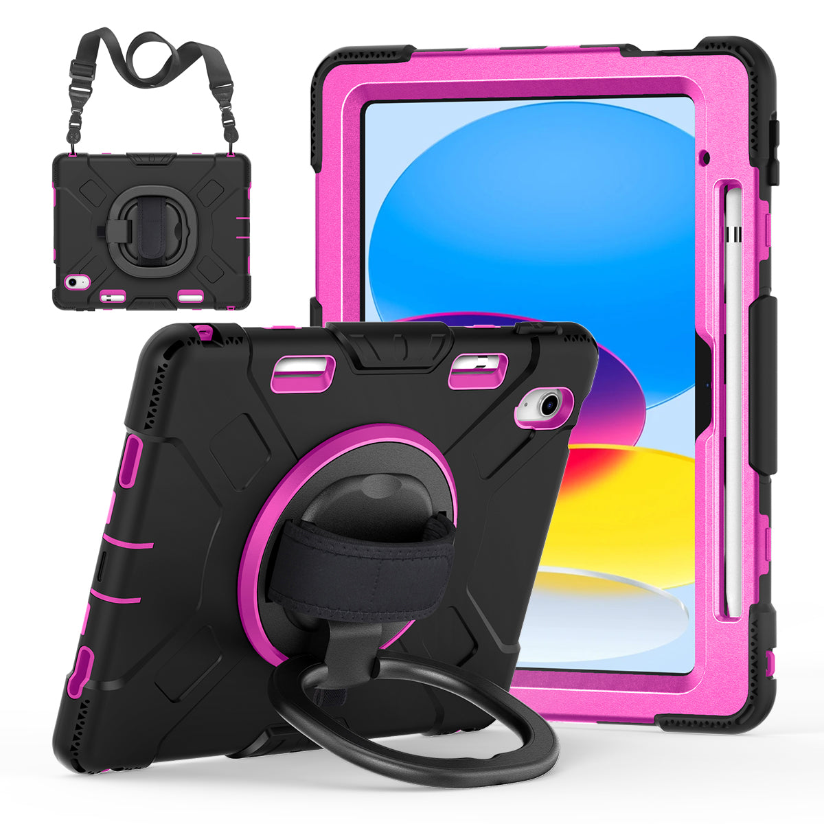 For iPad 10.9 (2022) PC+Silicone Tablet Case Shockproof Rugged Kickstand Cover with Shoulder Strap / Pencil Holder