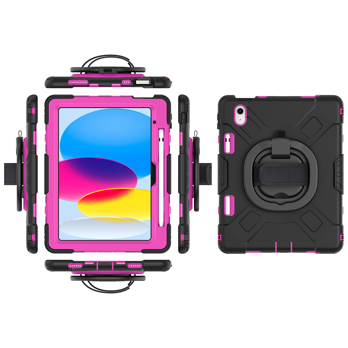 For iPad 10.9 (2022) PC+Silicone Tablet Case Shockproof Rugged Kickstand Cover with Shoulder Strap / Pencil Holder