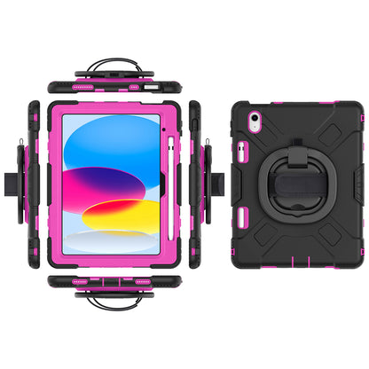 For iPad 10.9 (2022) PC+Silicone Tablet Case Shockproof Rugged Kickstand Cover with Shoulder Strap / Pencil Holder