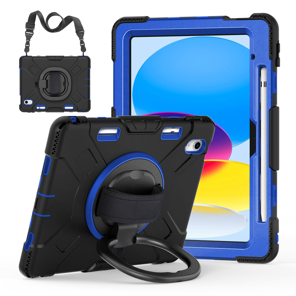 For iPad 10.9 (2022) PC+Silicone Tablet Case Shockproof Rugged Kickstand Cover with Shoulder Strap / Pencil Holder