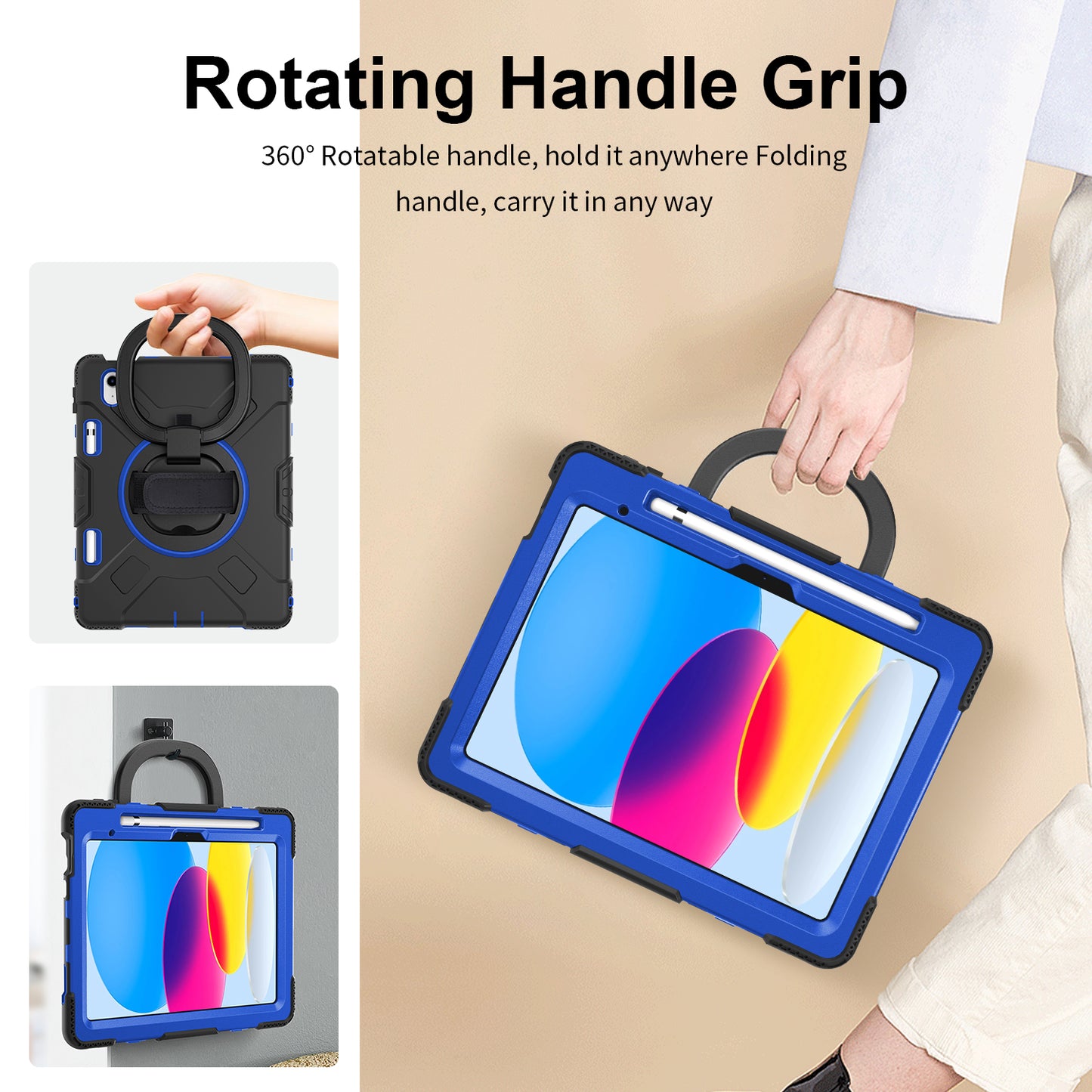 For iPad 10.9 (2022) PC+Silicone Tablet Case Shockproof Rugged Kickstand Cover with Shoulder Strap / Pencil Holder