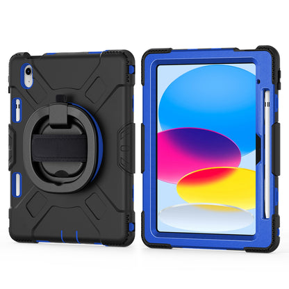 For iPad 10.9 (2022) PC+Silicone Tablet Case Shockproof Rugged Kickstand Cover with Shoulder Strap / Pencil Holder