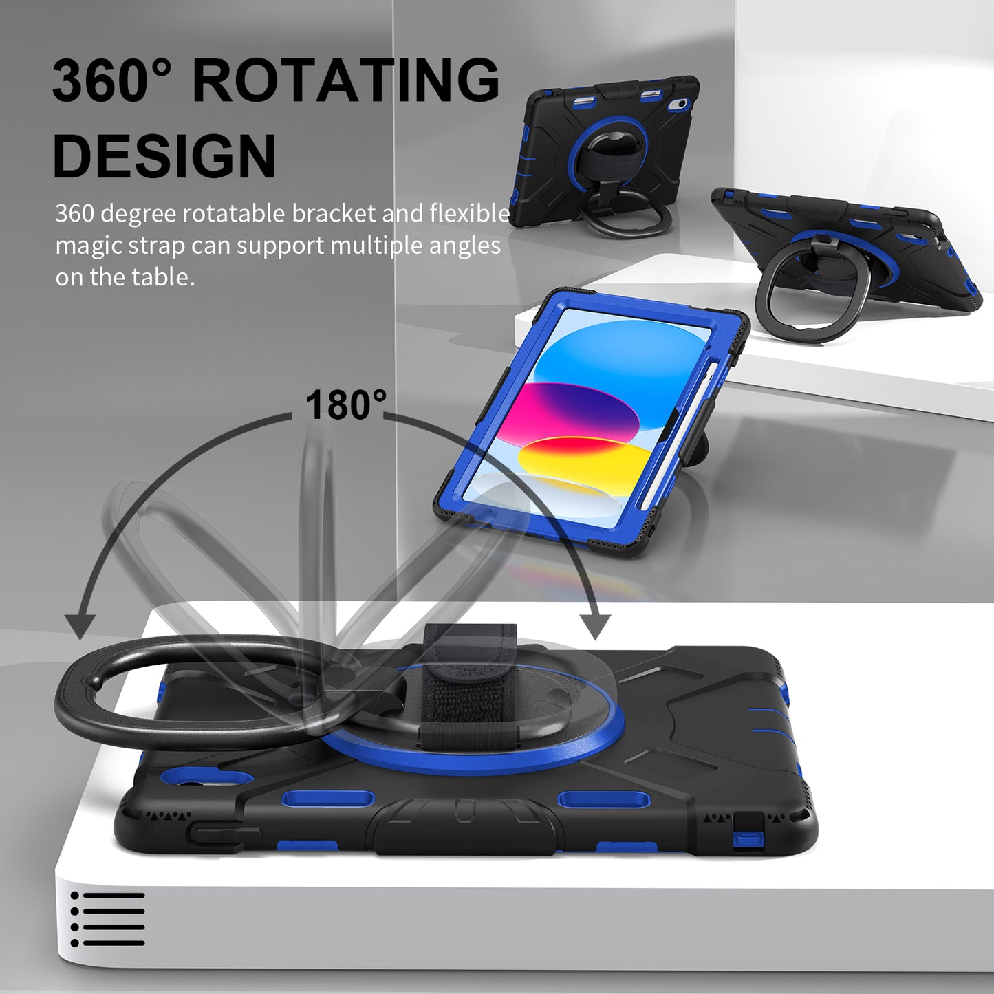 For iPad 10.9 (2022) PC+Silicone Tablet Case Shockproof Rugged Kickstand Cover with Shoulder Strap / Pencil Holder