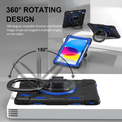 For iPad 10.9 (2022) PC+Silicone Tablet Case Shockproof Rugged Kickstand Cover with Shoulder Strap / Pencil Holder