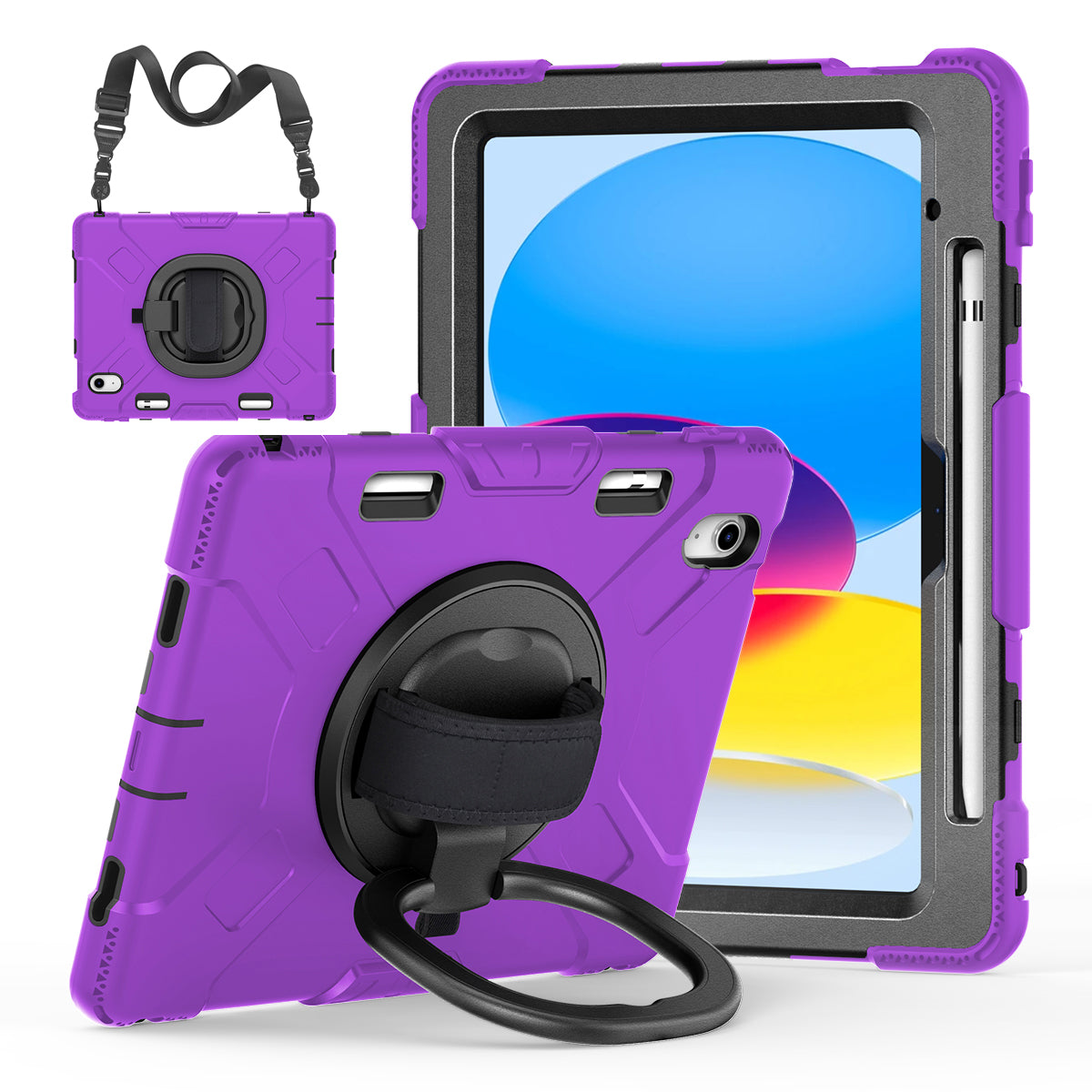 For iPad 10.9 (2022) PC+Silicone Tablet Case Shockproof Rugged Kickstand Cover with Shoulder Strap / Pencil Holder