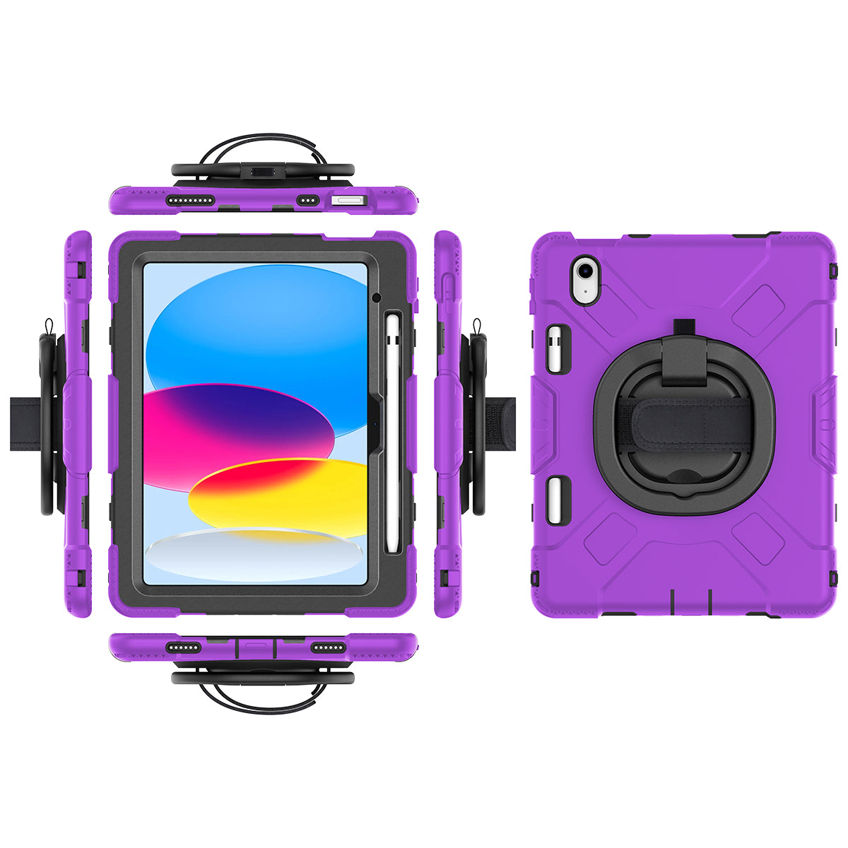 For iPad 10.9 (2022) PC+Silicone Tablet Case Shockproof Rugged Kickstand Cover with Shoulder Strap / Pencil Holder