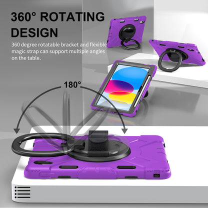 For iPad 10.9 (2022) PC+Silicone Tablet Case Shockproof Rugged Kickstand Cover with Shoulder Strap / Pencil Holder