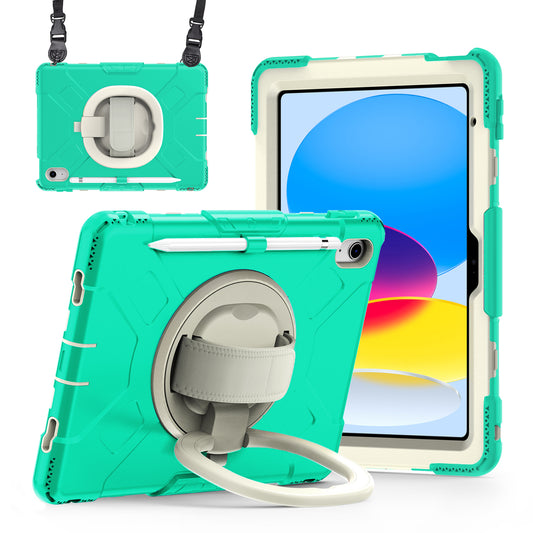 For iPad 10.9 (2022) Hand Strap Kickstand Tablet Case PC+Silicone Dual Layer Protective Cover with Shoulder Strap