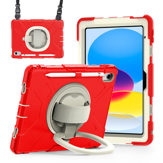 For iPad 10.9 (2022) Hand Strap Kickstand Tablet Case PC+Silicone Dual Layer Protective Cover with Shoulder Strap