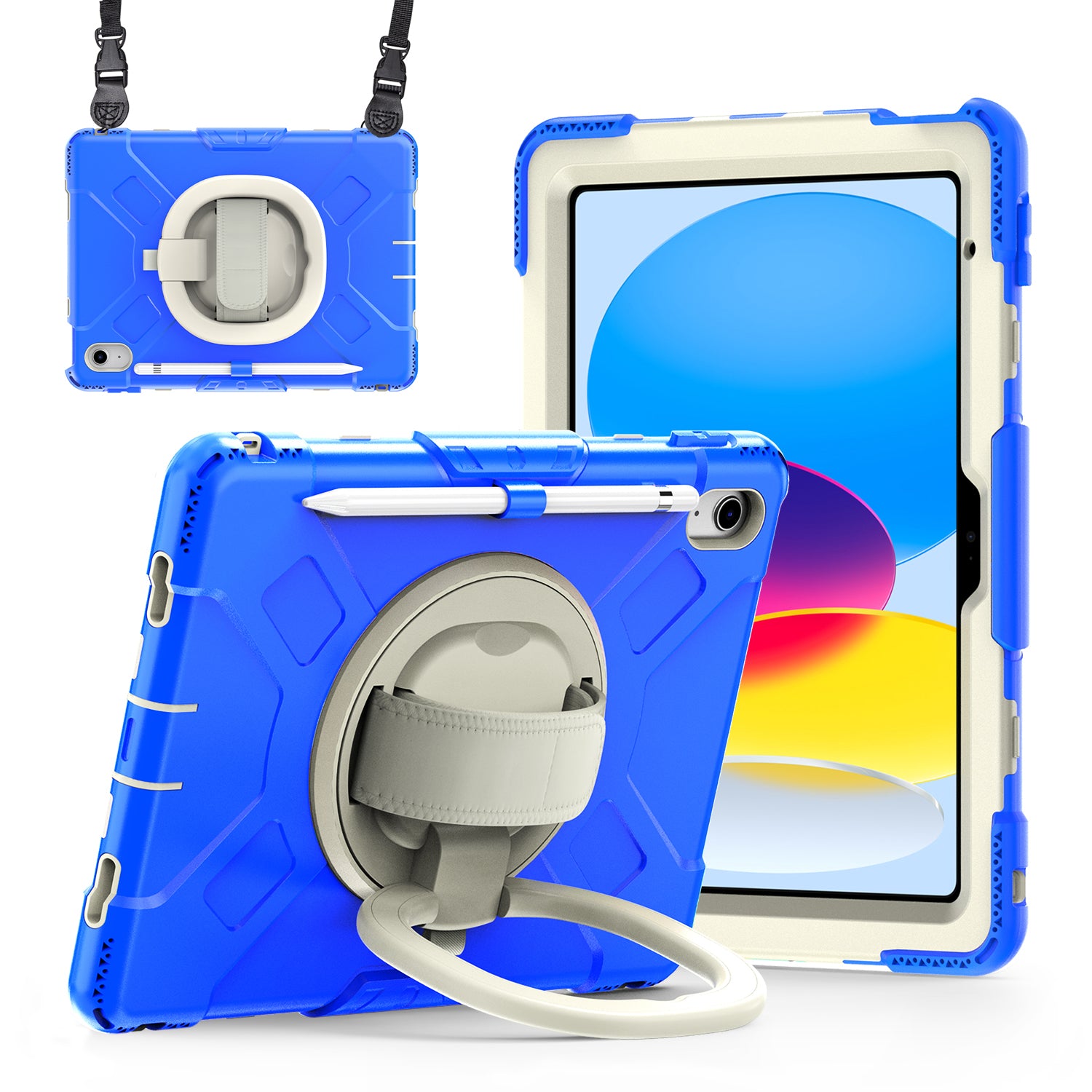 For iPad 10.9 (2022) Hand Strap Kickstand Tablet Case PC+Silicone Dual Layer Protective Cover with Shoulder Strap