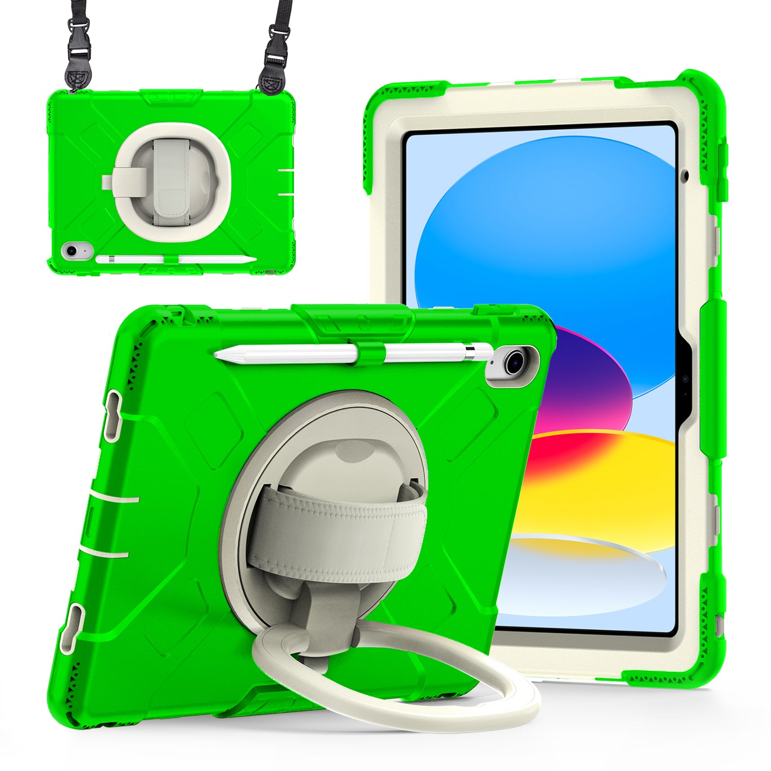For iPad 10.9 (2022) Hand Strap Kickstand Tablet Case PC+Silicone Dual Layer Protective Cover with Shoulder Strap