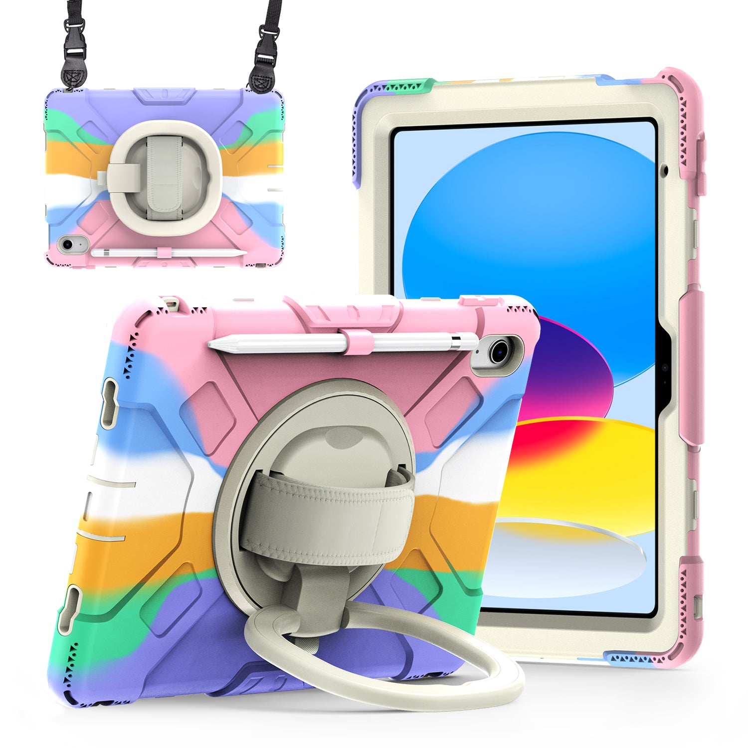 For iPad 10.9 (2022) Hand Strap Kickstand Tablet Case PC+Silicone Dual Layer Protective Cover with Shoulder Strap
