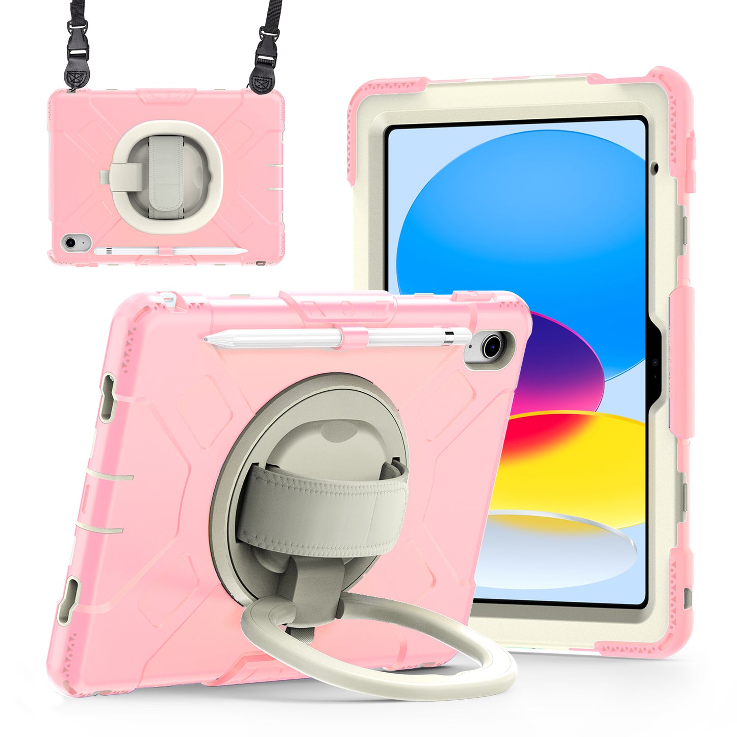 For iPad 10.9 (2022) Hand Strap Kickstand Tablet Case PC+Silicone Dual Layer Protective Cover with Shoulder Strap