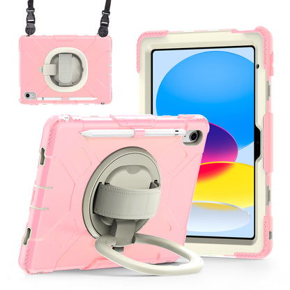 For iPad 10.9 (2022) Hand Strap Kickstand Tablet Case PC+Silicone Dual Layer Protective Cover with Shoulder Strap