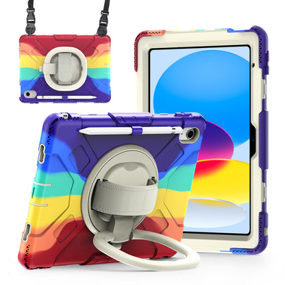 For iPad 10.9 (2022) Hand Strap Kickstand Tablet Case PC+Silicone Dual Layer Protective Cover with Shoulder Strap