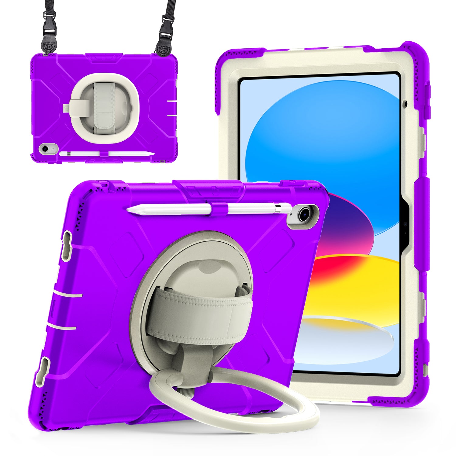 For iPad 10.9 (2022) Hand Strap Kickstand Tablet Case PC+Silicone Dual Layer Protective Cover with Shoulder Strap