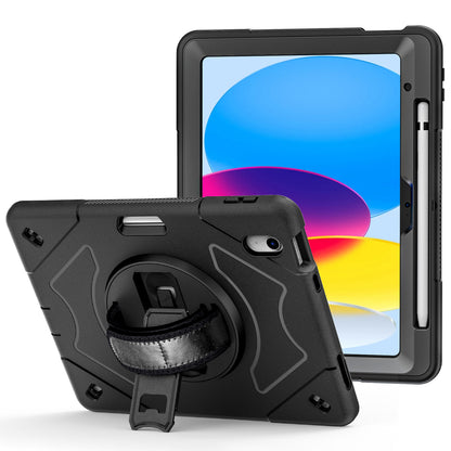 For iPad 10.9 (2022) Shockproof Kickstand Case PC+TPU Hand Strap Grip Tablet Cover with Pencil Holder