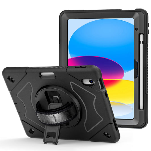 For iPad 10.9 (2022) Shockproof Kickstand Case PC+TPU Hand Strap Grip Tablet Cover with Pencil Holder