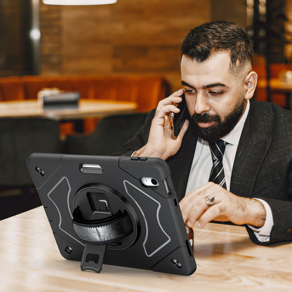 For iPad 10.9 (2022) Shockproof Kickstand Case PC+TPU Hand Strap Grip Tablet Cover with Pencil Holder