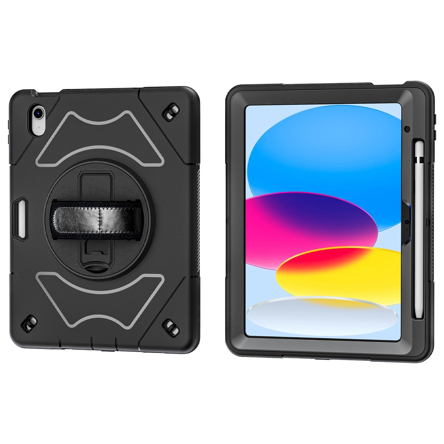 For iPad 10.9 (2022) Shockproof Kickstand Case PC+TPU Hand Strap Grip Tablet Cover with Pencil Holder