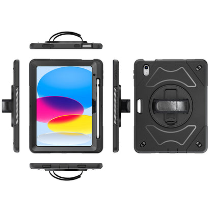 For iPad 10.9 (2022) Shockproof Kickstand Case PC+TPU Hand Strap Grip Tablet Cover with Pencil Holder