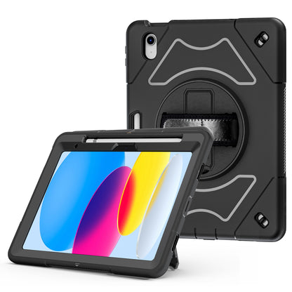For iPad 10.9 (2022) Shockproof Kickstand Case PC+TPU Hand Strap Grip Tablet Cover with Pencil Holder