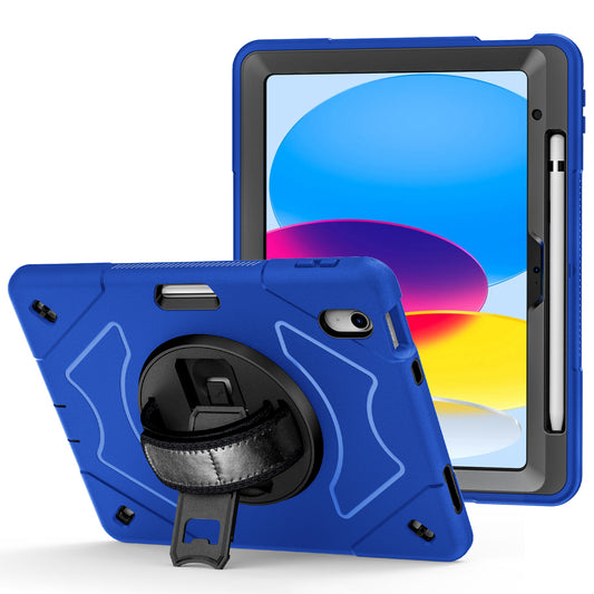 For iPad 10.9 (2022) Shockproof Kickstand Case PC+TPU Hand Strap Grip Tablet Cover with Pencil Holder