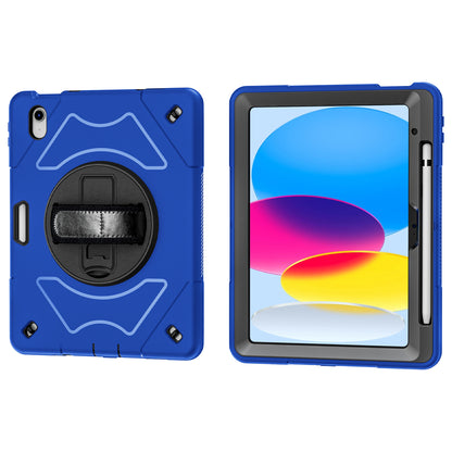 For iPad 10.9 (2022) Shockproof Kickstand Case PC+TPU Hand Strap Grip Tablet Cover with Pencil Holder