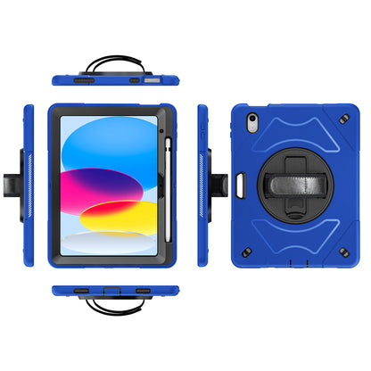 For iPad 10.9 (2022) Shockproof Kickstand Case PC+TPU Hand Strap Grip Tablet Cover with Pencil Holder